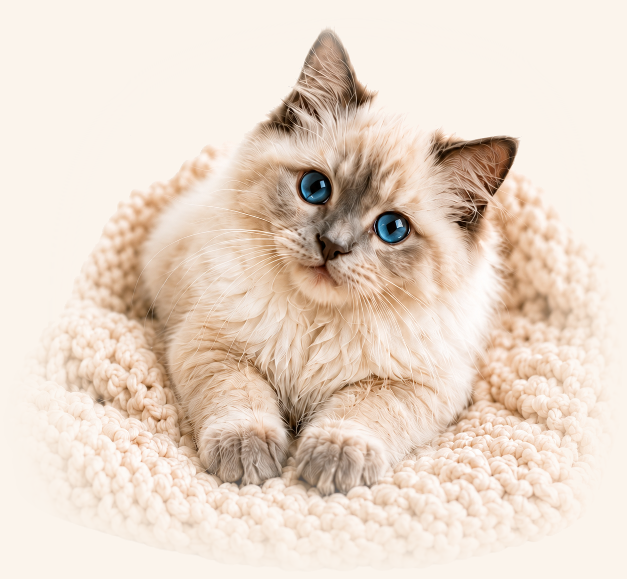 A Ragdoll kitten resting on a cream knit blanket